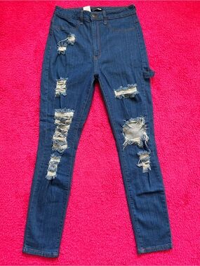 Fashion Nova Dark Blue Distressed Skinny Jeans